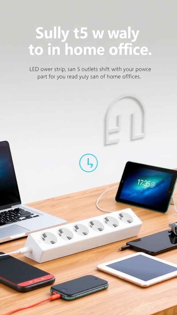Clamper Energia power strip with five outlets on a desk with electronic devices.